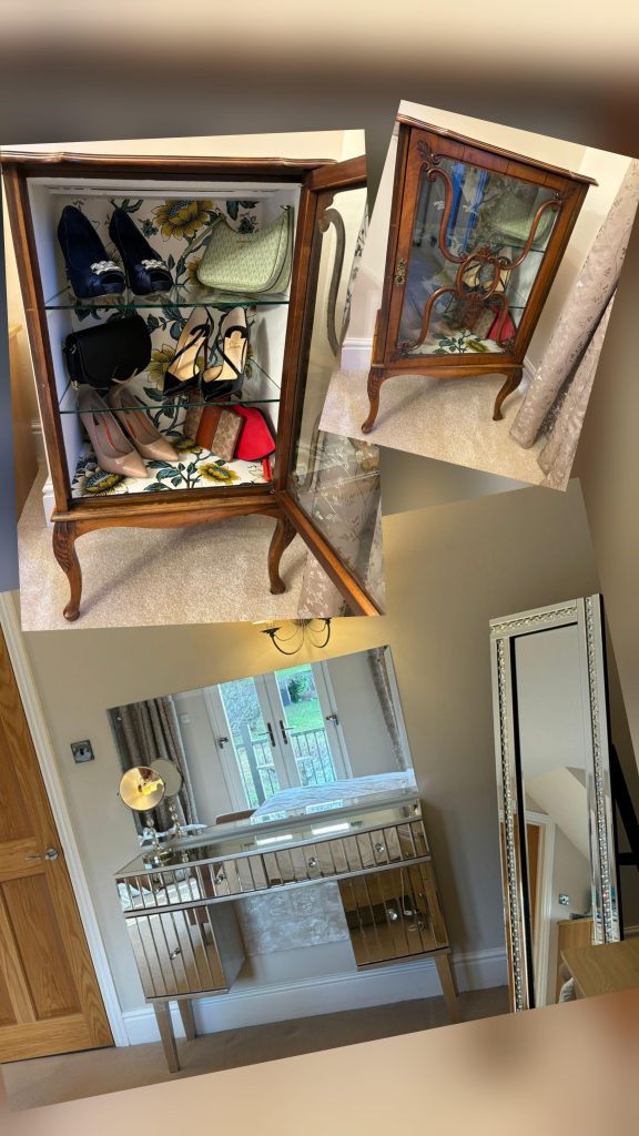 An old piece of furniture upcycled by the customer, adding shelves to display bags and shoes and an existing dressing table with a wall mirror added to finish their dressing area.